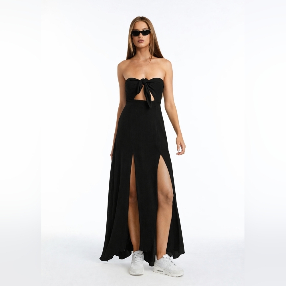 NWT Lioness Black Adrianne Tie Front Maxi Dress Cutout Evening Vacation Resort